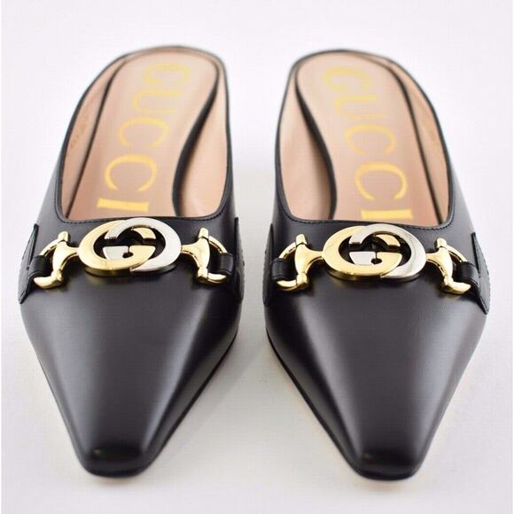Gucci Zumi Black Leather Silver Gold GG Kitten Heel Mule Slide Loafer Pump 37 - Picture 6 of 12